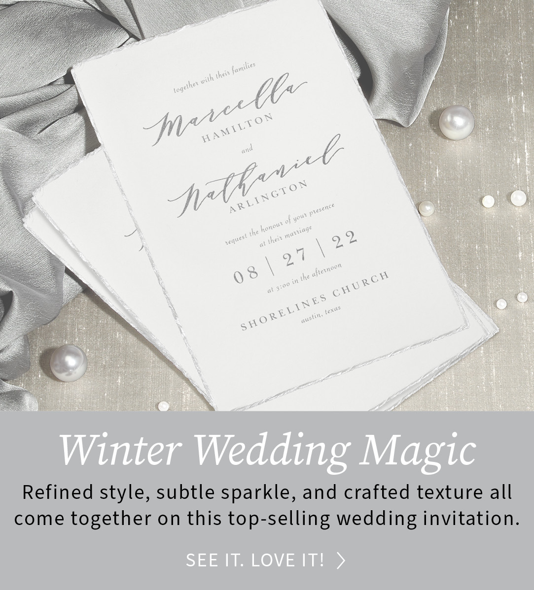 Refined style, subtle sparkle, and crafted texture all come together on this top-selling wedding invitation.